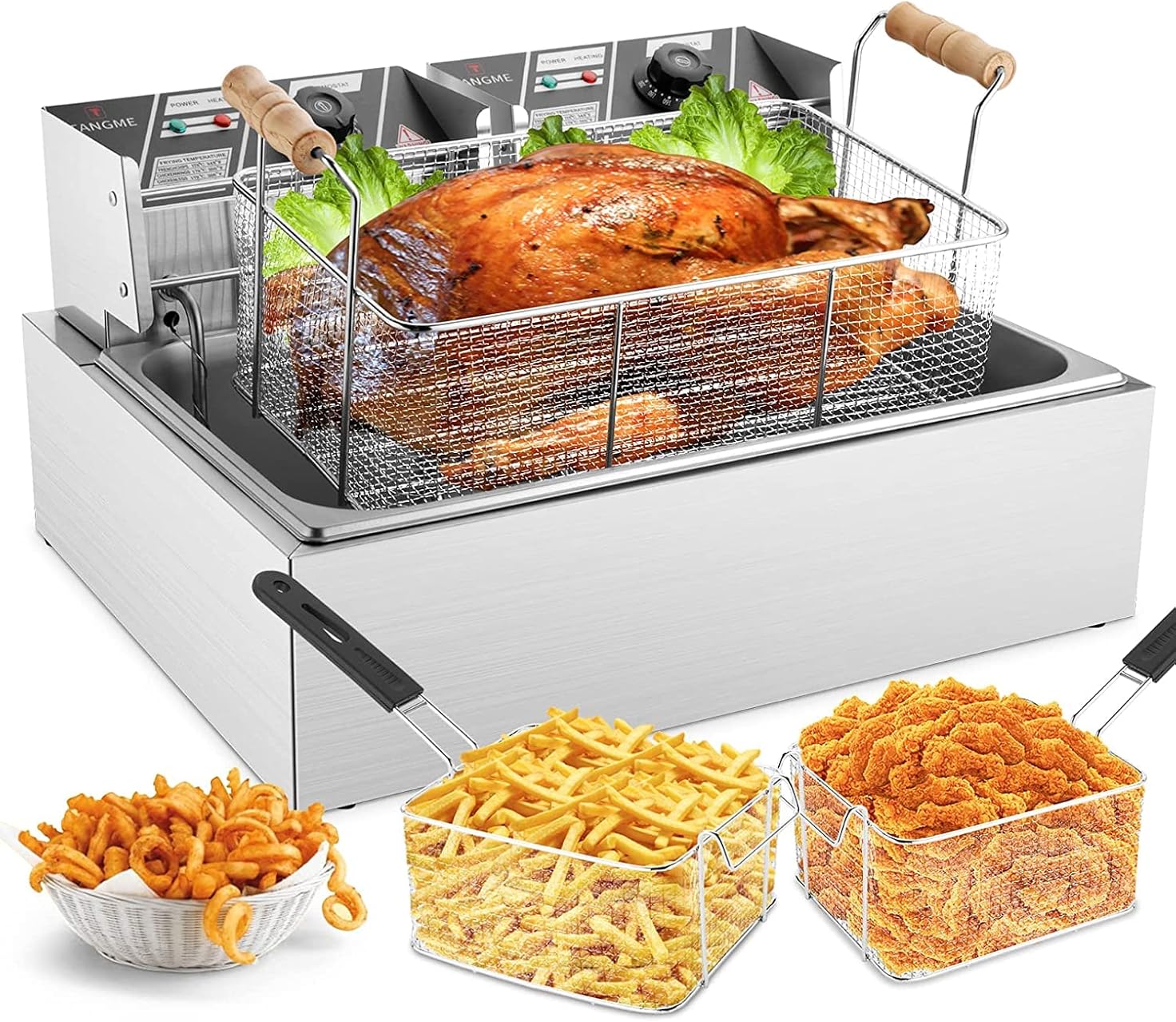 TANGME Commercial Deep Fryer, 3400w Electric Countertop Fryer with 3 Baskets, 22L/23.25Qt 1mm Thickened Stainless Steel Oil Fryer with Temperature Limiter for Restaurant, UL Certified