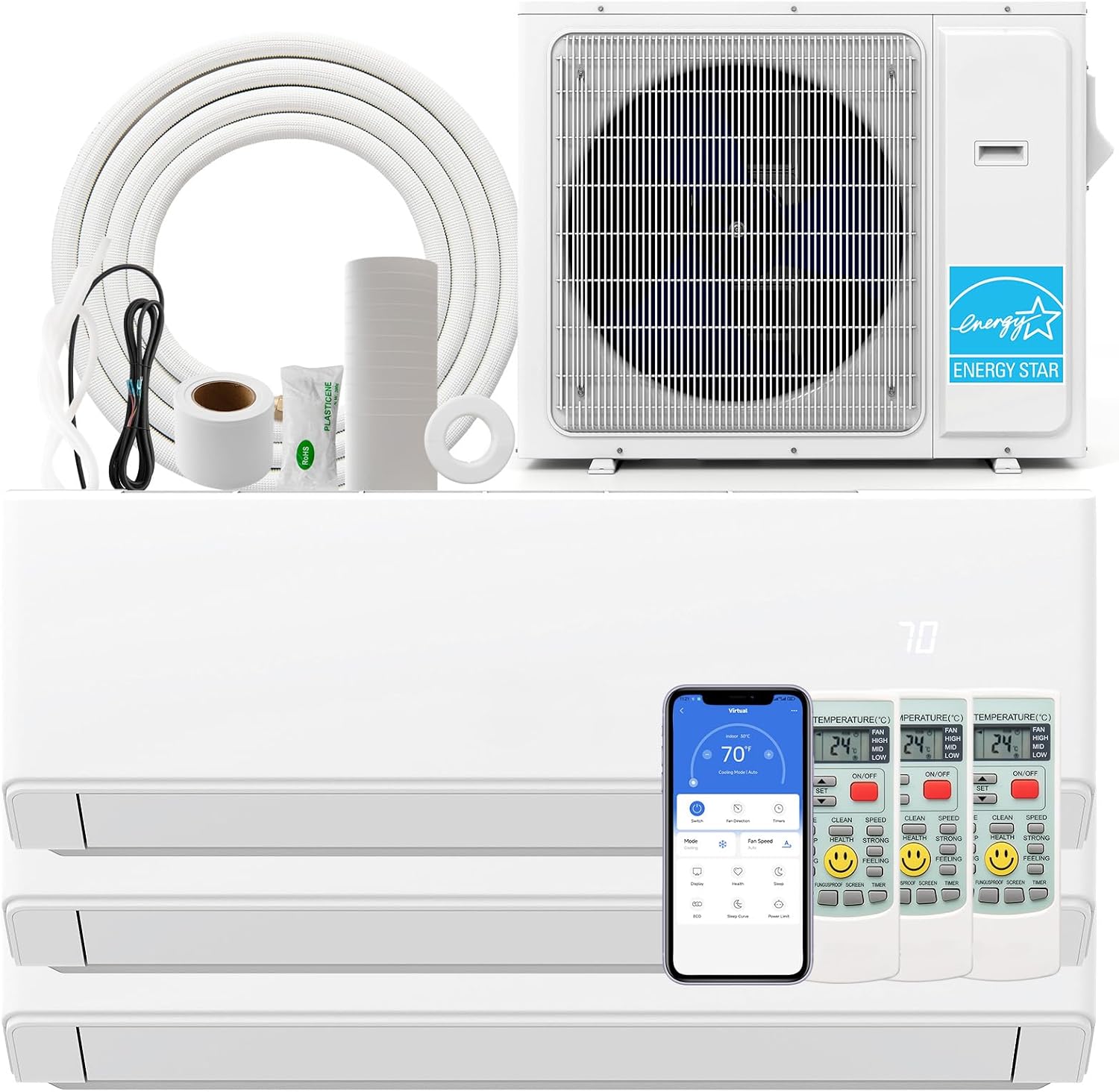 SIMOE 30K BTU ODU 3 Zone 7000 12000 12000 BTU 23 SEER2 208-230V, Wifi Energy Saving Multi Zone Mini Split Air Conditioner Pre-Charged Heat Pump, Heat Lower as -13℉, 16ft Installation Kits