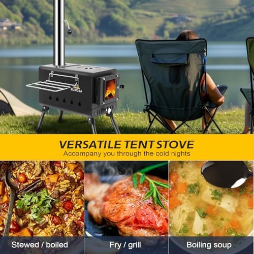 Black Wood Burning Tent Stove, 7 Section Stainless Steel Chimney, Portable Hot Tent Stove for Camping, Hunting, Ice Fishing