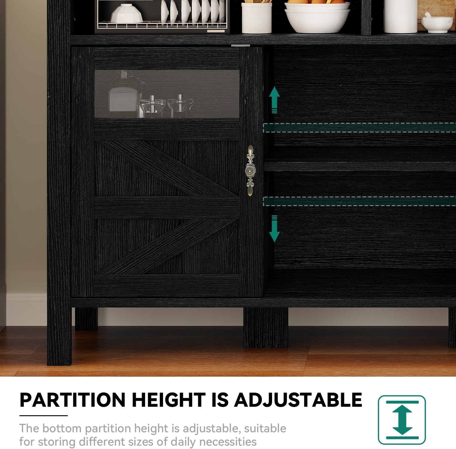 YITAHOME 55'' Farmhouse Buffet Cabinet with Storage, Large Sideboard Cabinet with 2 Doors & Open Storage, Versatile Coffee Bar Table for Kitchen & Living Room (Black)