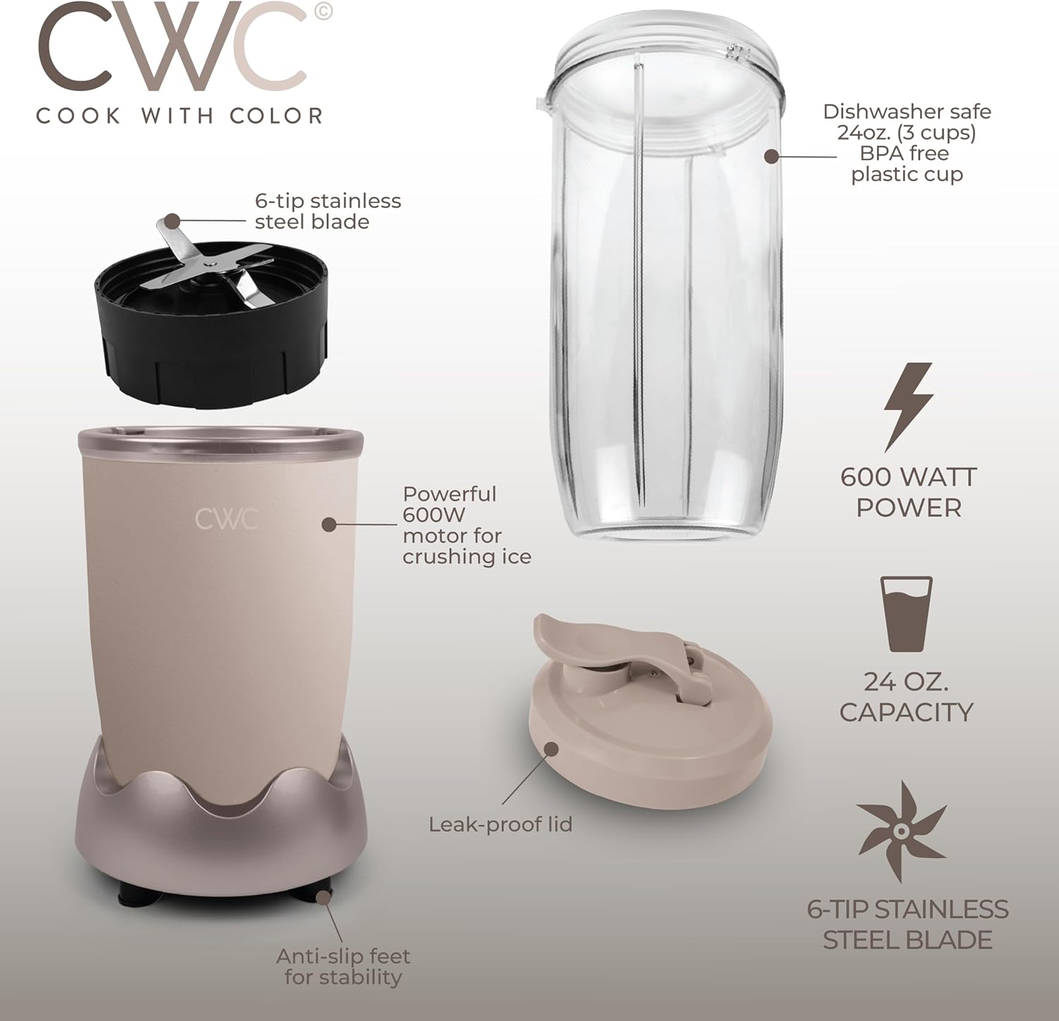 COOK WITH COLOR Personal Power Blender 600W, 24oz Capacity, BPA-Free Jar, Ice-Crushing Blades, Ideal for Smoothies & More, Anti-Slip Feet, Easy to Clean, Goat/Mink