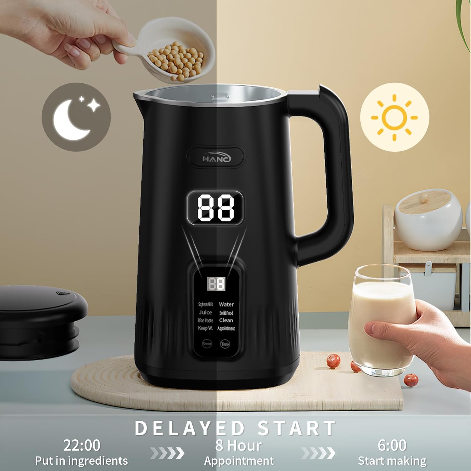 Nut Milk Maker Machine, 28oz 8-in-1 Automatic Silent Soy Milk Maker for Homemade Almond, Oat, Coconut & Plant-Based Drinks with Delay Start/Keep Warm/Self-Cleaning/Boil Water (Black)