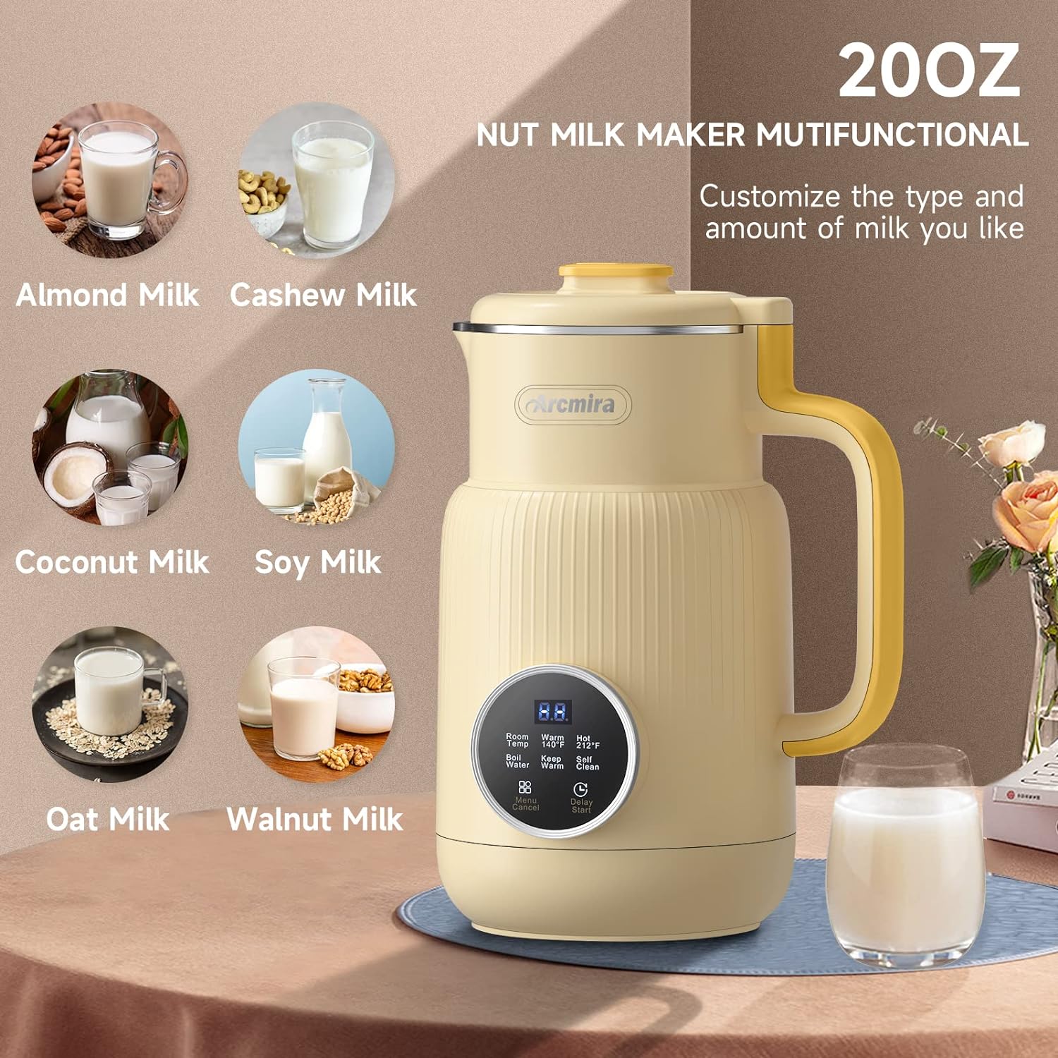 Automatic Nut Milk Maker, 20 oz Homemade Almond, Oat, Soy, Plant-Based and Dairy Free Beverages, Almond Maker with Delay Start/Keep Warm/Boil Water, Soy Bag,Yellow