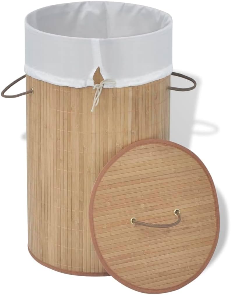 Bamboo Laundry Bin Round Natural with Removable Polyester Liner and Foldable Design for Home Organization and Storage