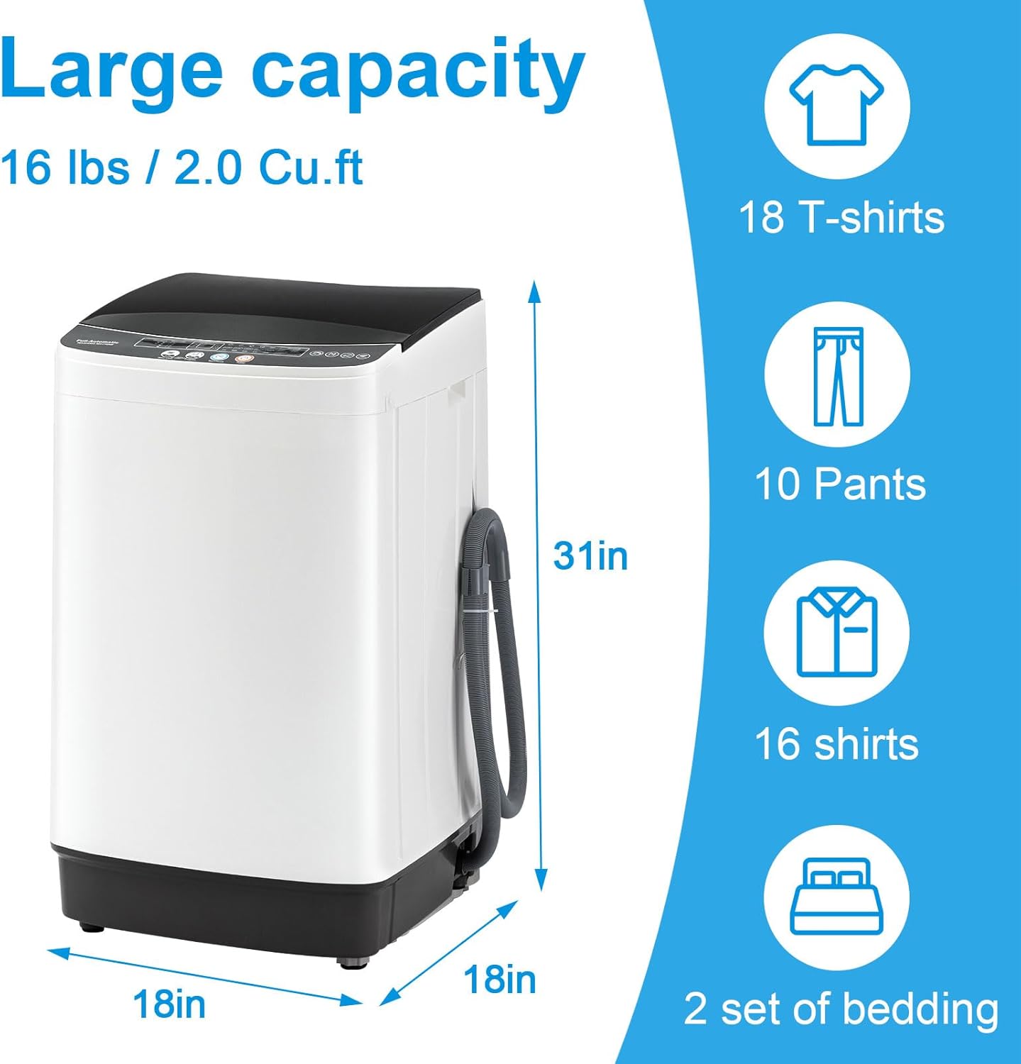 16 lbs Portable Washing Machine, Full-Automatic Laundry Machine with Stainless Steel Drum, 10 Wash Cycles, Compact Washer and Spin Dryer Combo for Apartment, Dorm, RV