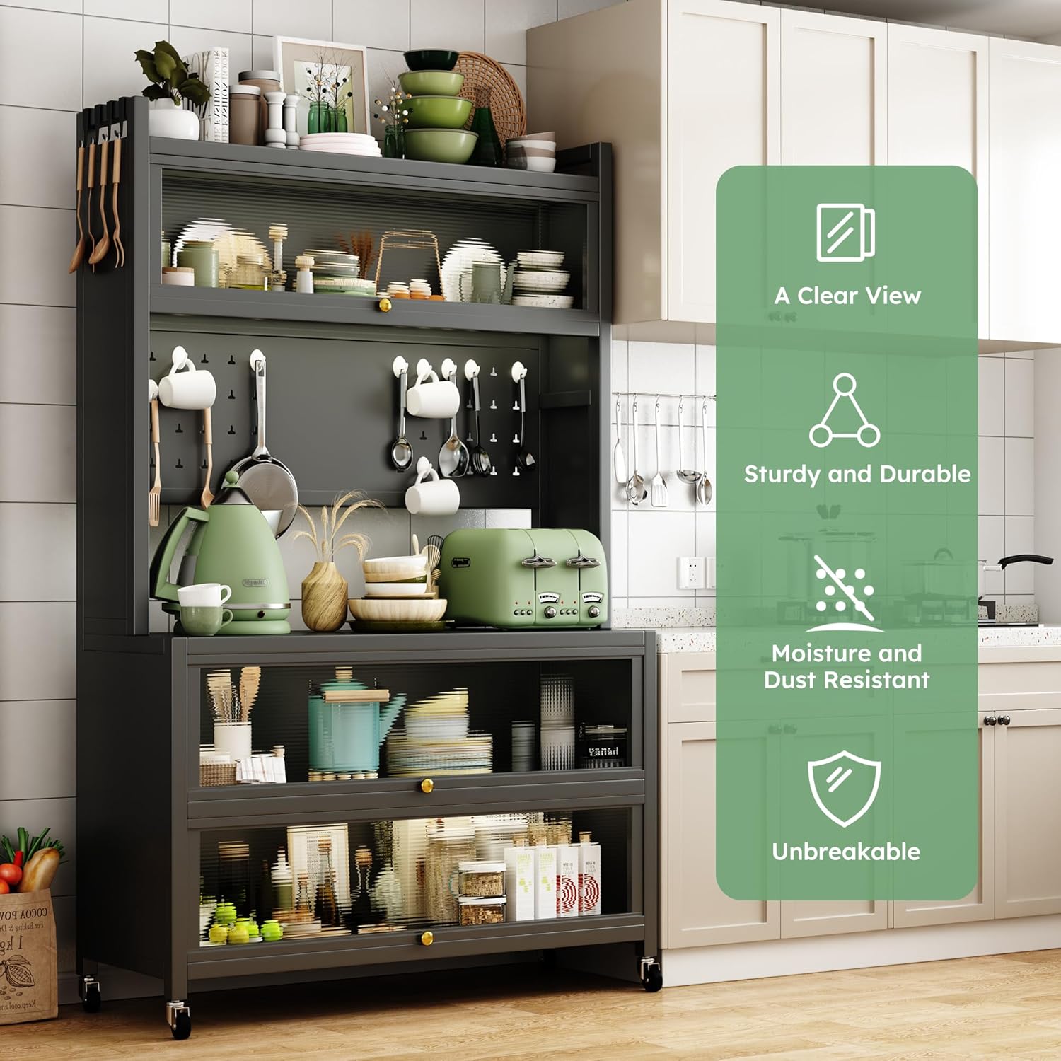 65'' Kitchen Pantry Storage Cabinet, Storage & Microwave Oven Countertop, Pantry Cabinets with 3 Doors and 4 Layers Hole Plate Versatile Storage for Kitchen, Living Room, Dining Room