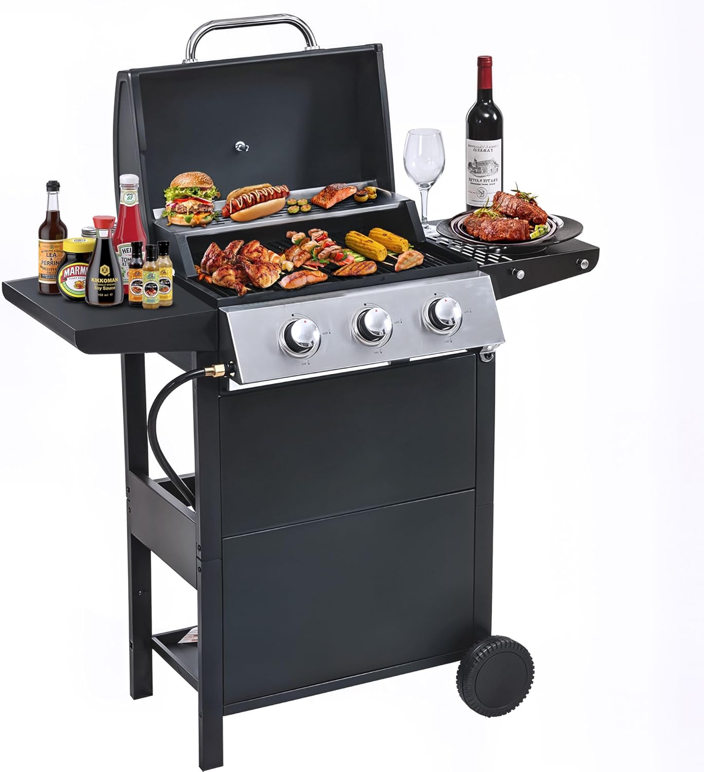 3-Burner Propane Gas BBQ Grill with Warming Rack, Stainless Steel Gas Grill with 25,650 BTUs Output for Outdoor,Camping,Barbecue Grilling & Backyard Cooking,Black and Silver