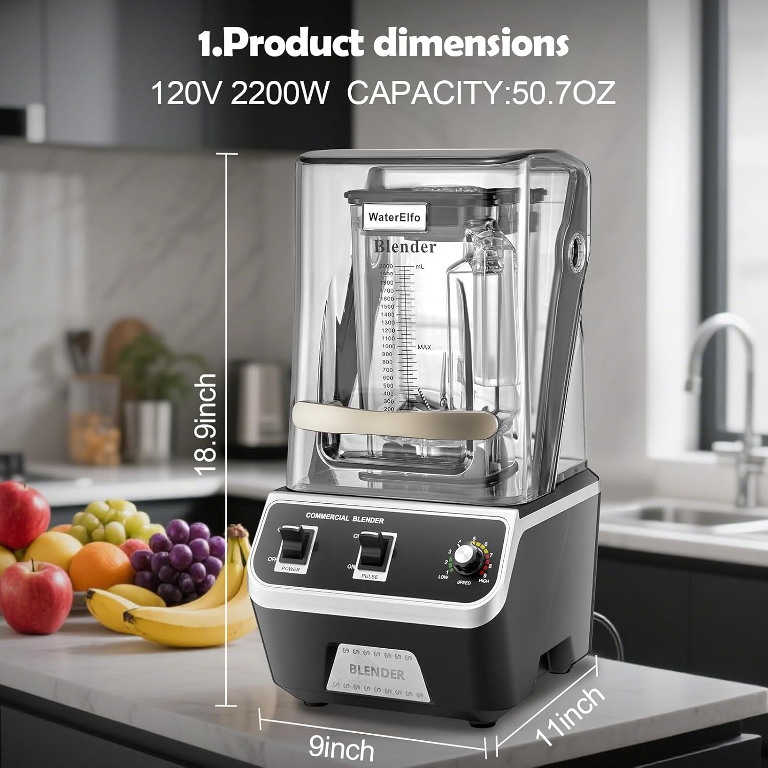 2200W Commercial Blender for Smoothies - Professional Grade, High Speed Quiet Electric Countertop Blenders with Sound Enclosure, 68oz for Kitchen & Home Use