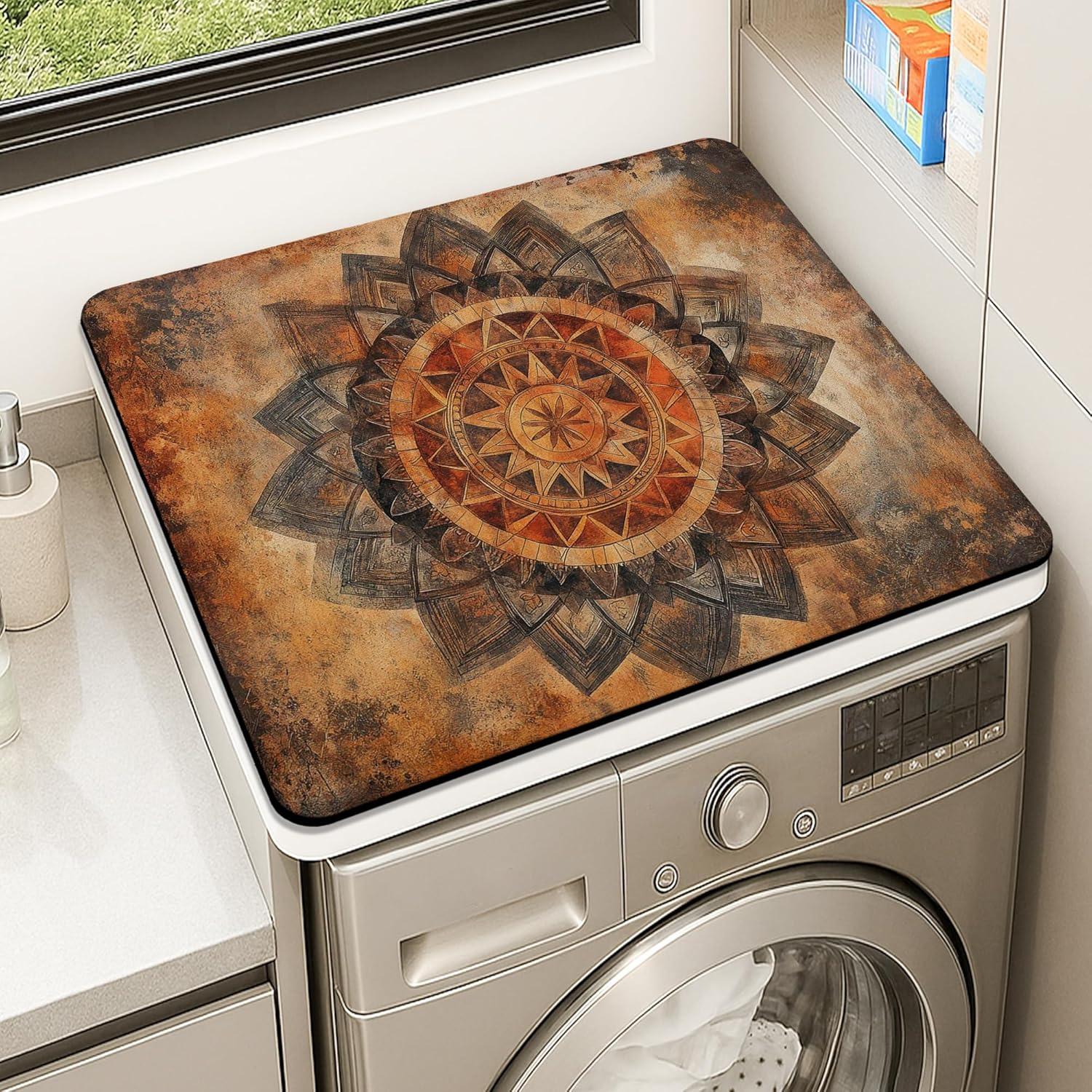 Rustic Mandala Washer Dryer Top Protector Mat, Vintage Artistic Laundry Machine Dust Covers, Rubber Anti-slip Waterproof Mats for Laundry Room 24x24 Inch