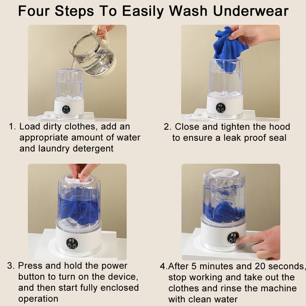 Portable Mini Washing Machine 1000ml Handheld Washer Cup Rechargeable Fast-Cycle Cleaning for Travel Camping (White)