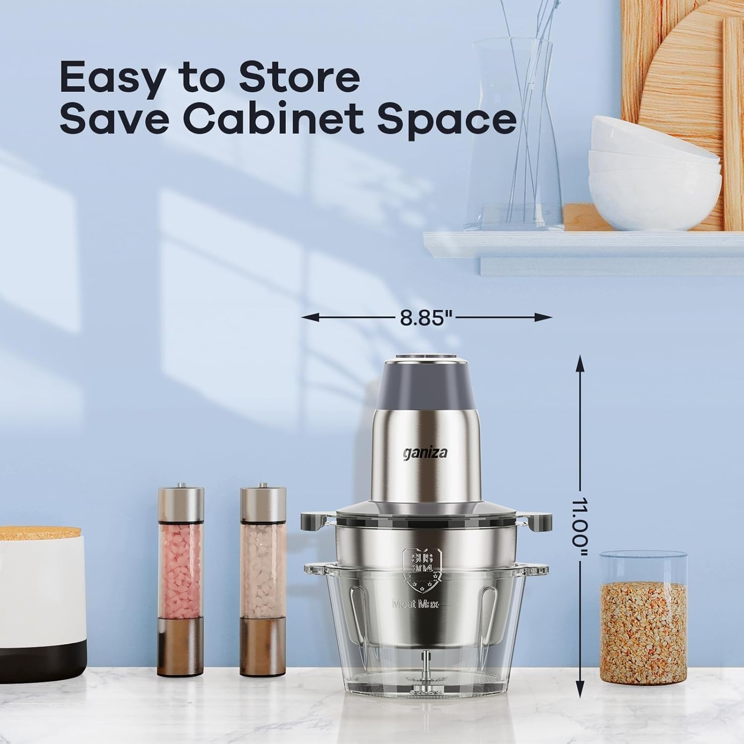 GANIZA Food Processors, Electric Food Chopper with Meat Grinder & Vegetable Chopper - 2 Bowls (8 Cup+8 Cup) with Powerful 450W Copper Motor - Includes 2 Sets of Bi-Level Blades (Grey)