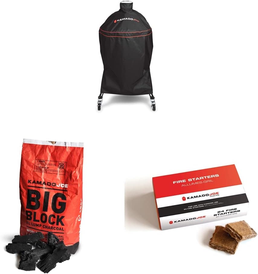 Kamado Joe Classic Joe 18-inch Grill Cover + Big Block XL Lump Charcoal + Fire Starters Bundle
