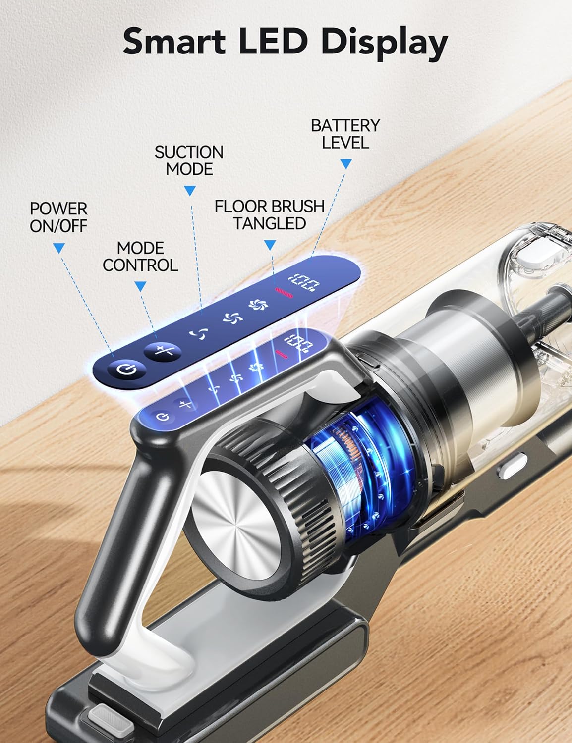 Cordless Vacuum Cleaner, 23000pa Powerful Lightweight Stick Vac with LED Headlights, 45min Runtime, 3 Modes, Removable Handheld Vac with HEPA Filter for Carpet, Hard Floor, and Pet Hair (Blue)