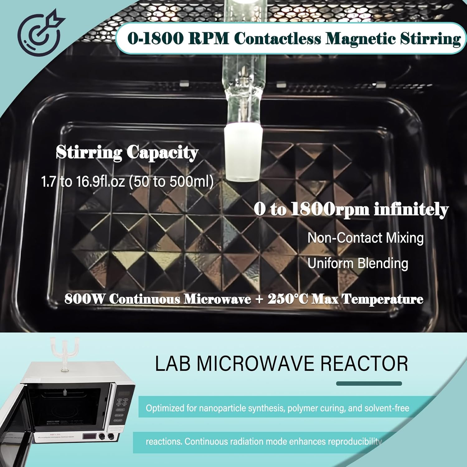 Lab Microwave Reactor Continuous Radiation Oven 800W Output,with Magnetic Stirring 1.7-16.9fl.oz,304 Stainless Steel Chamber, Safety Auto-Stop,0-1800rpm,LCD Display 220V 1PH