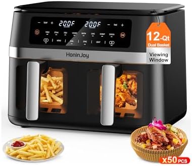 12QT Large Dual Basket Air Fryer with Viewing Window and 50pcs Paper Liners, 10-in-1 Digital Touchscreen Double Zone Air Fryers, SyncCook to Bake,Roast,Reheat,Broil, Nonstick Dishwasher Safe
