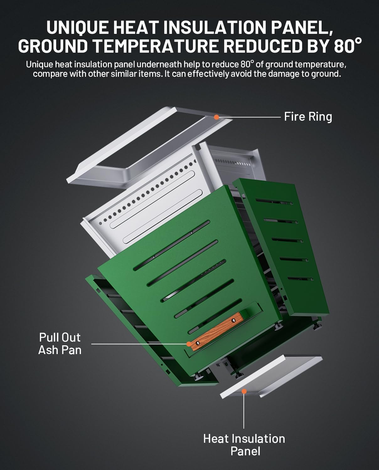 20 Inch Smokeless Fire Pit Stainless Steel Wood Burning Fireplace Portable Outdoor Fire Pit Patio Smokeless Firepit with Pull-Out Ash Tray and Handles, Green