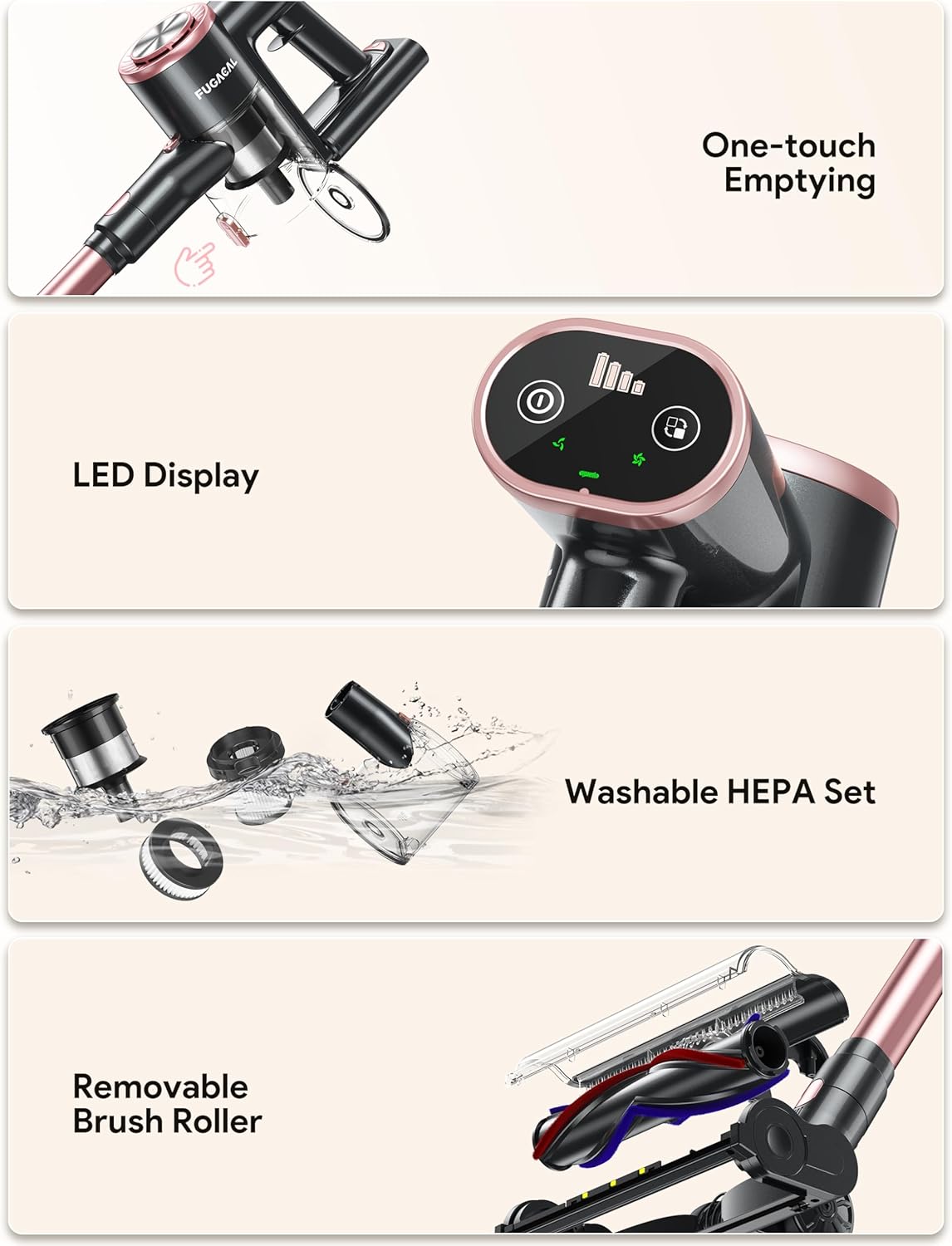 FUFACAL Cordless Vacuum Cleaner, 23KPA Stick Vacuum with 42Mins 2200mah Detachable Battery, 6 in 1 LED Display Lightweight Cordless Stick Vacuum Cleaner, Vacuum Cleaner for Home Hard Floor Car Carpet