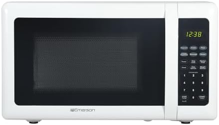 Emerson MW7302W Compact Countertop Microwave Oven with Touch Control, LED Display, 700W, 10 Power Levels, 6 Auto Menus, Glass Turntable and Child Safe Lock, 0.7 Cu., Ft. White