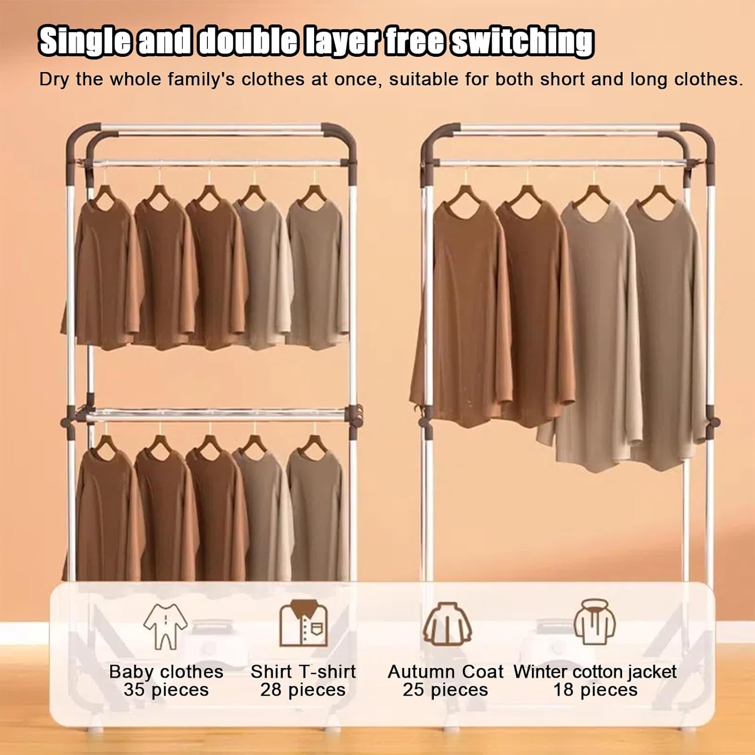 Clothes dryer, 1500W high power electric dryer, concealed button timer, single and double free switching, collapsible dryer, suitable for home, laundry room, flat, dormitory, caravan(Sky blue)