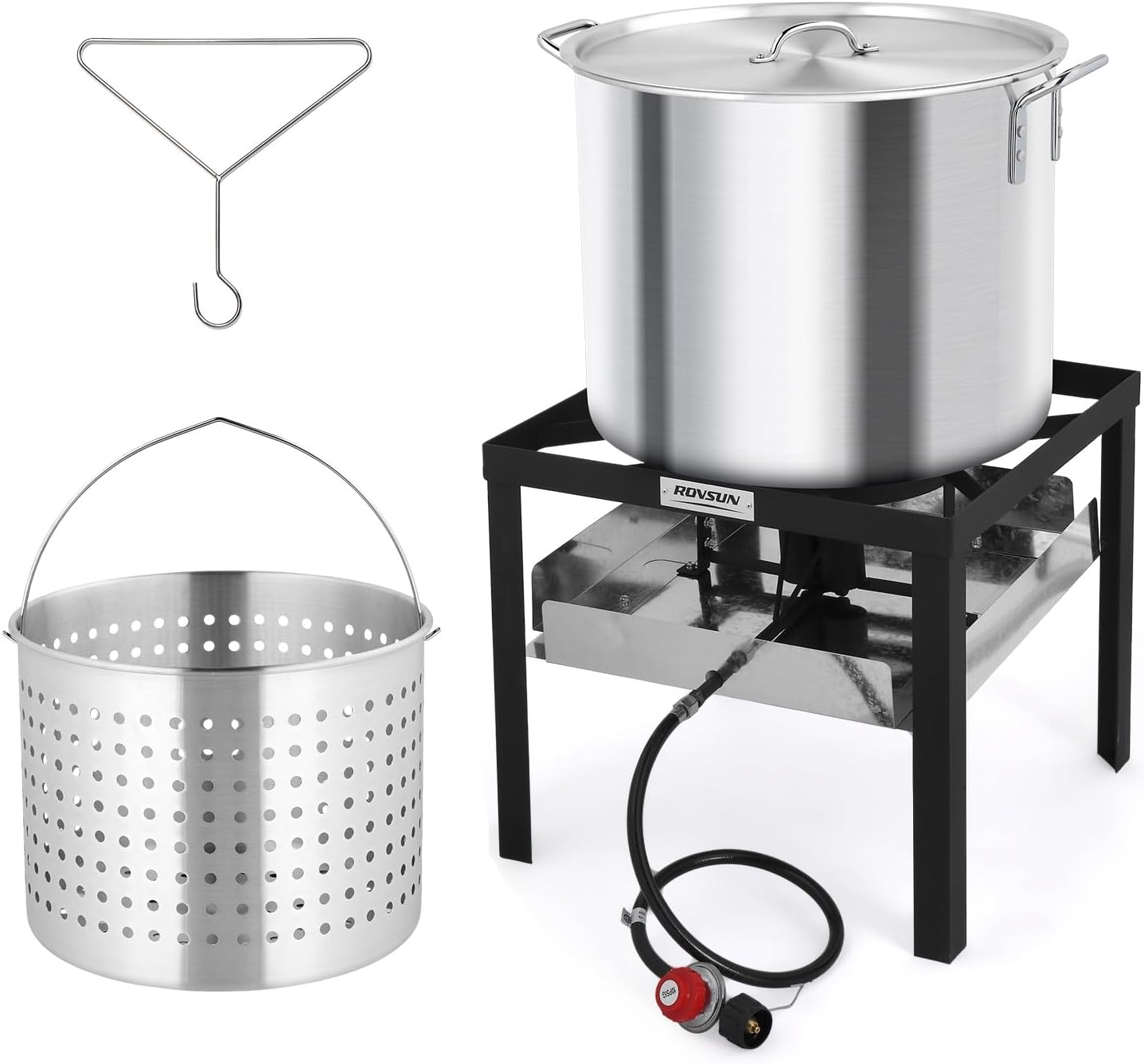 ROVSUN 80QT Turkey Fryer with Aluminum Boiler Steamer Basket & 150,000BTU Propane Burner, Outdoor Gas Deep Fryer & Seafood Crawfish Boil Pot Set with High Pressure Propane Regulator and Hose