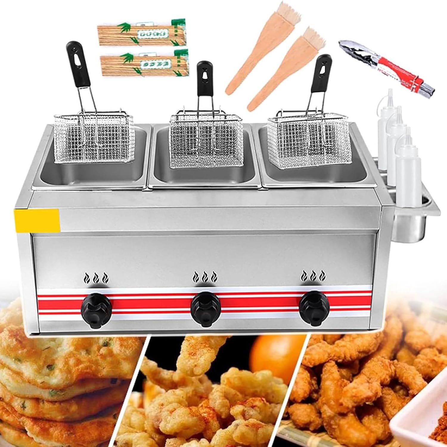 Gas Fryer, Large Stainless Steel Fryer with Removable Basket, Adjustable Firepower Chip Fryers for Home and Commercial Triplecylinder10l+10l+10l