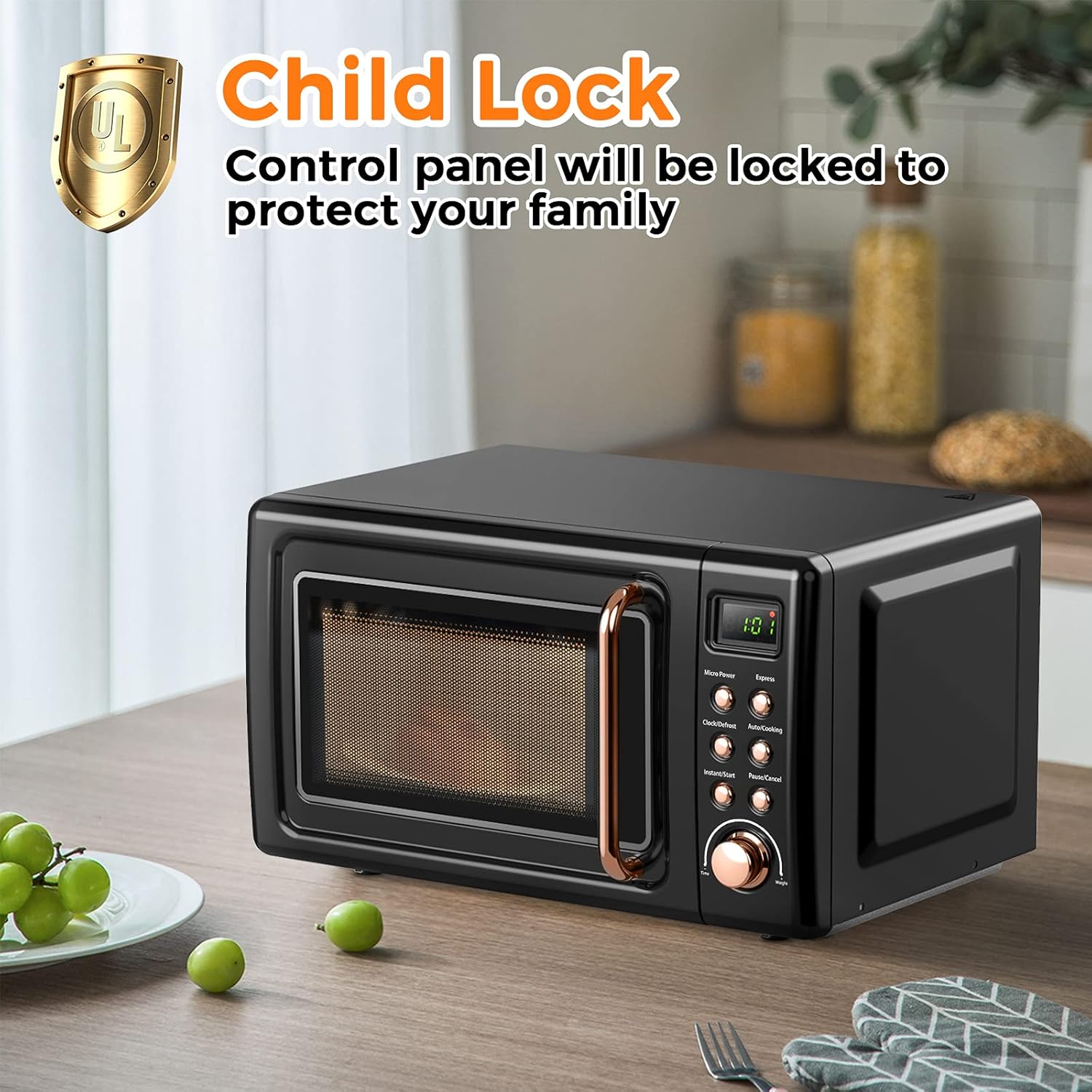 LDAILY 0.7Cu.ft Retro Small Microwave Oven, 700W Compact Countertop Microwave with 5 Power Levels, Auto Cooking Menus, Glass Turntable, Child Lock & Glass Turntable for Apartment, Dorm (Golden)