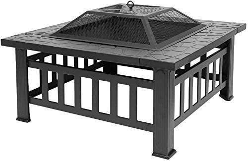 32 Inch Heavy Duty 3 in 1 Metal Square Patio Firepit Table BBQ Garden Oven with Spark Screen Cover Wood Grate and Poker for Wood Burning and Beverage Cooling Outdoors Heating Supplies