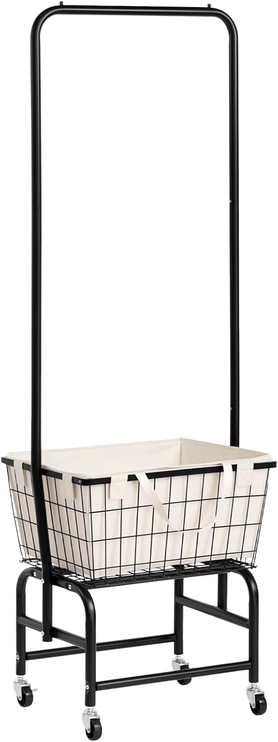 ALIMORDEN Laundry Cart with Clothes Rack, Rolling Laundry Cart with Wheels and Detachable Bags, Black