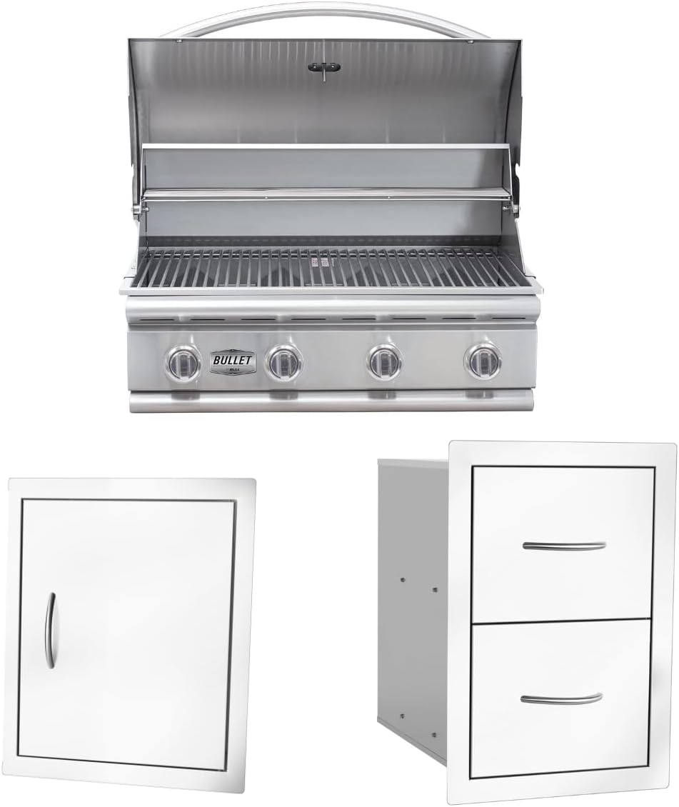 Bullet by Bull Stainless Steel Outdoor Kitchen Grill Set - Built-In Natural Gas Grill -BBQ Kitchen Island Bundle - Includes 4 Burner Grill, Single Access Door & Double Storage Drawer