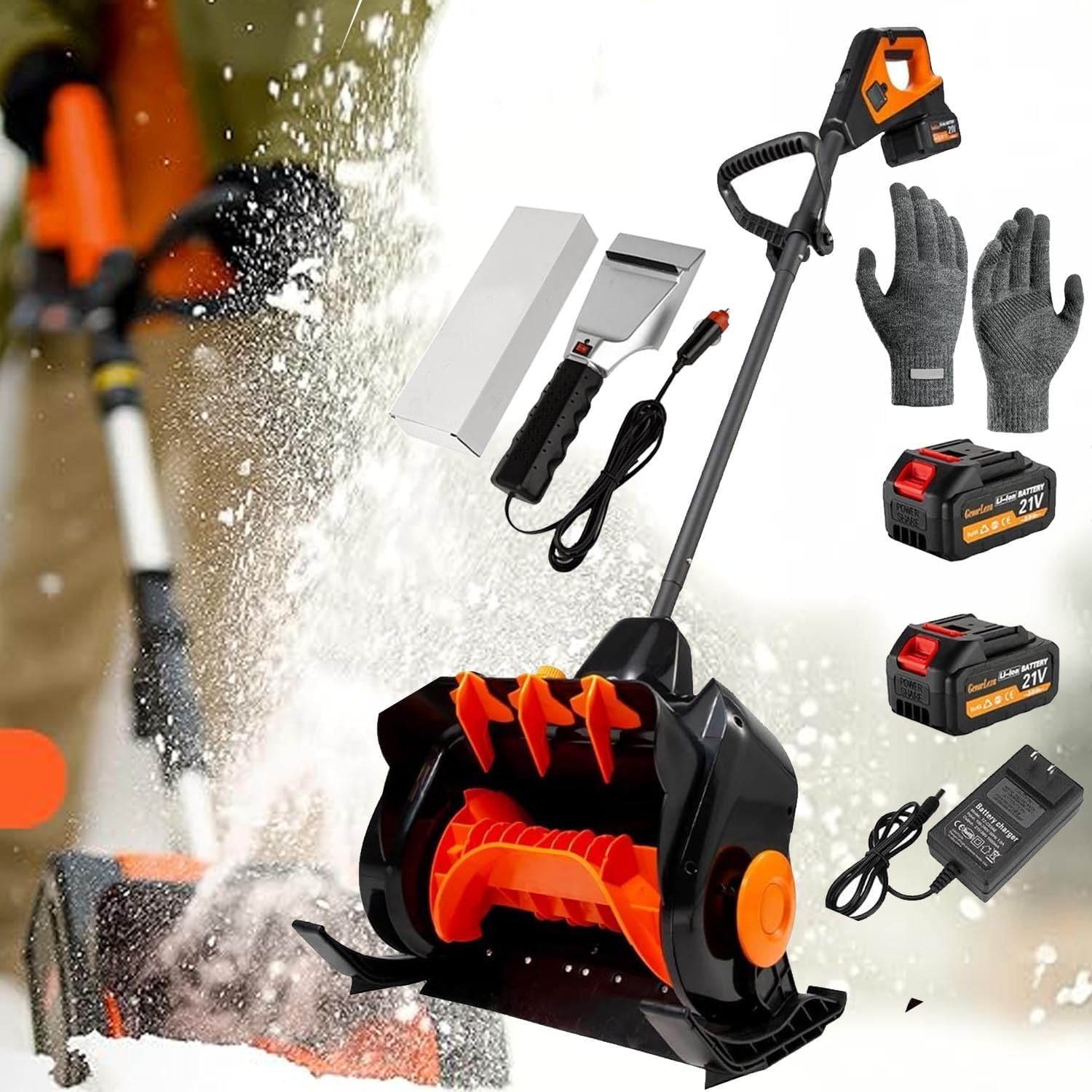 Cordless Snow Shovel with 2 Battery, Electric Snow Blower with Gloves+Heated Snow Shovel,for School Roads Driveways,41cm Width, 15cm Depth,10m Throwing Distance,Orange