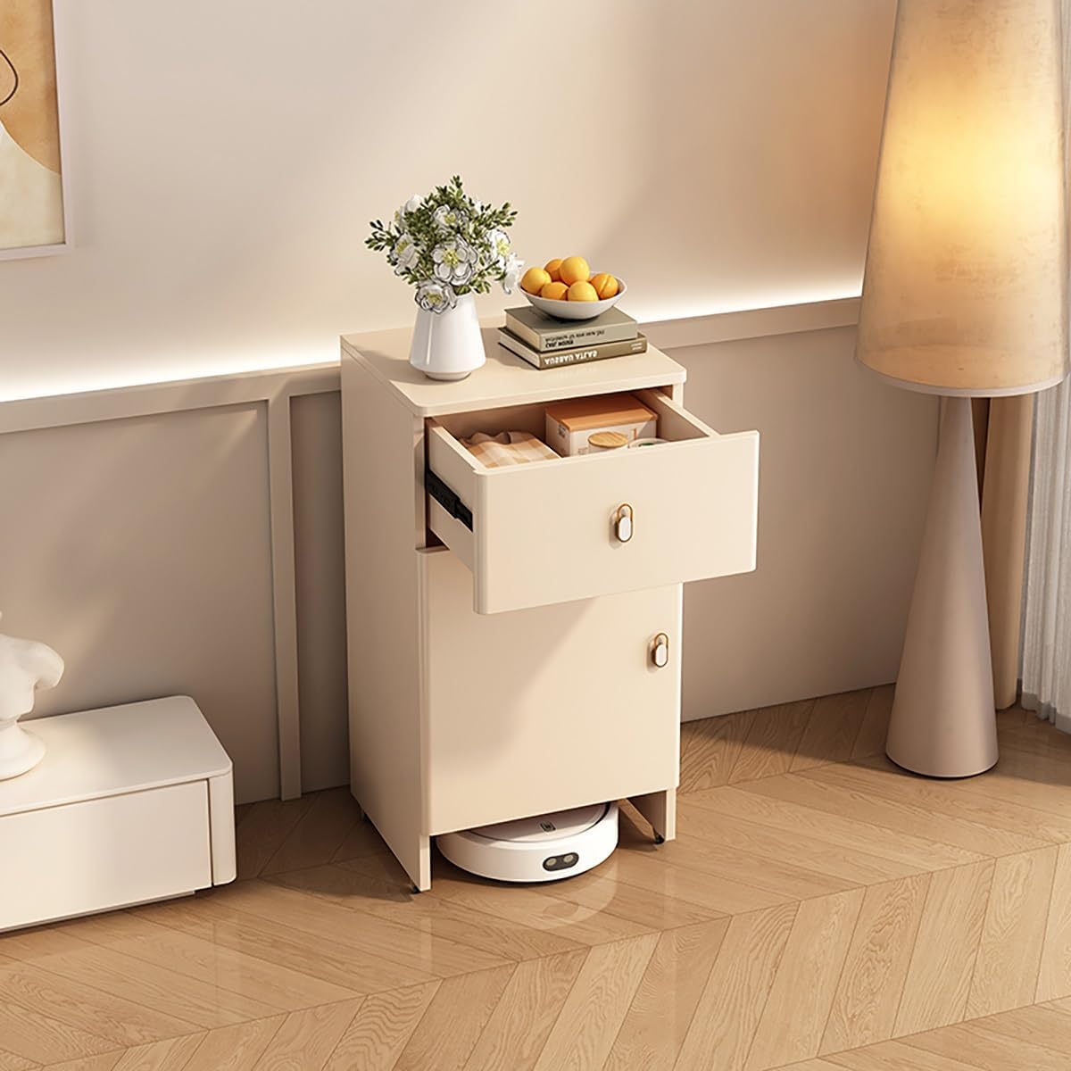 Robot Vacuum Storage Cabinet with Wheels, Vacuum Storage Cabinet, Storage Rack with Pull-Out Top for Water Change, for Living Room, Dining Room,Kitchen, Home Office(Natural)