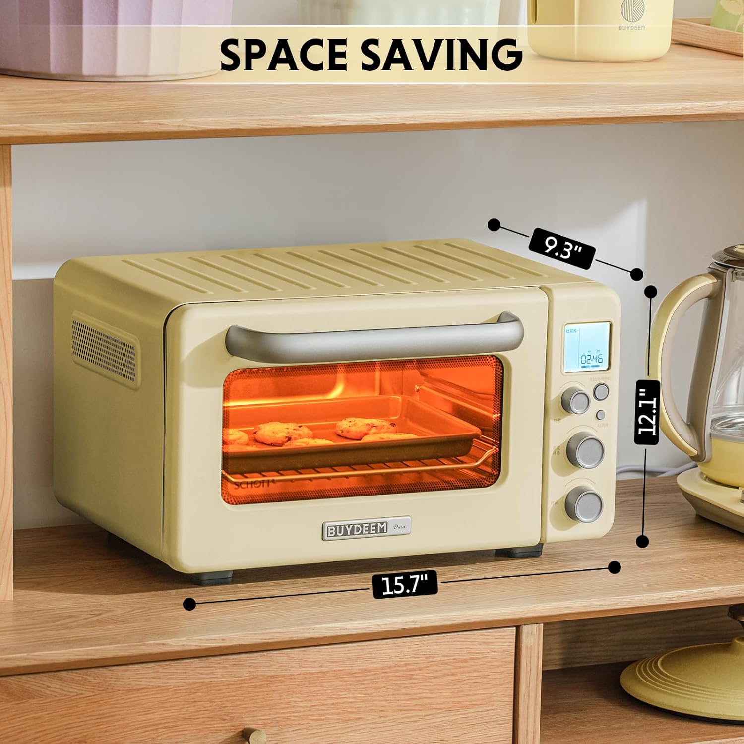 BUYDEEM T103 Countertop Toaster Oven 12QT, No Pre-Heat Needed, 7 Cooking Modes, Retro Mini Toaster Oven with Grill Rack and Baking Tray, Mellow Yellow