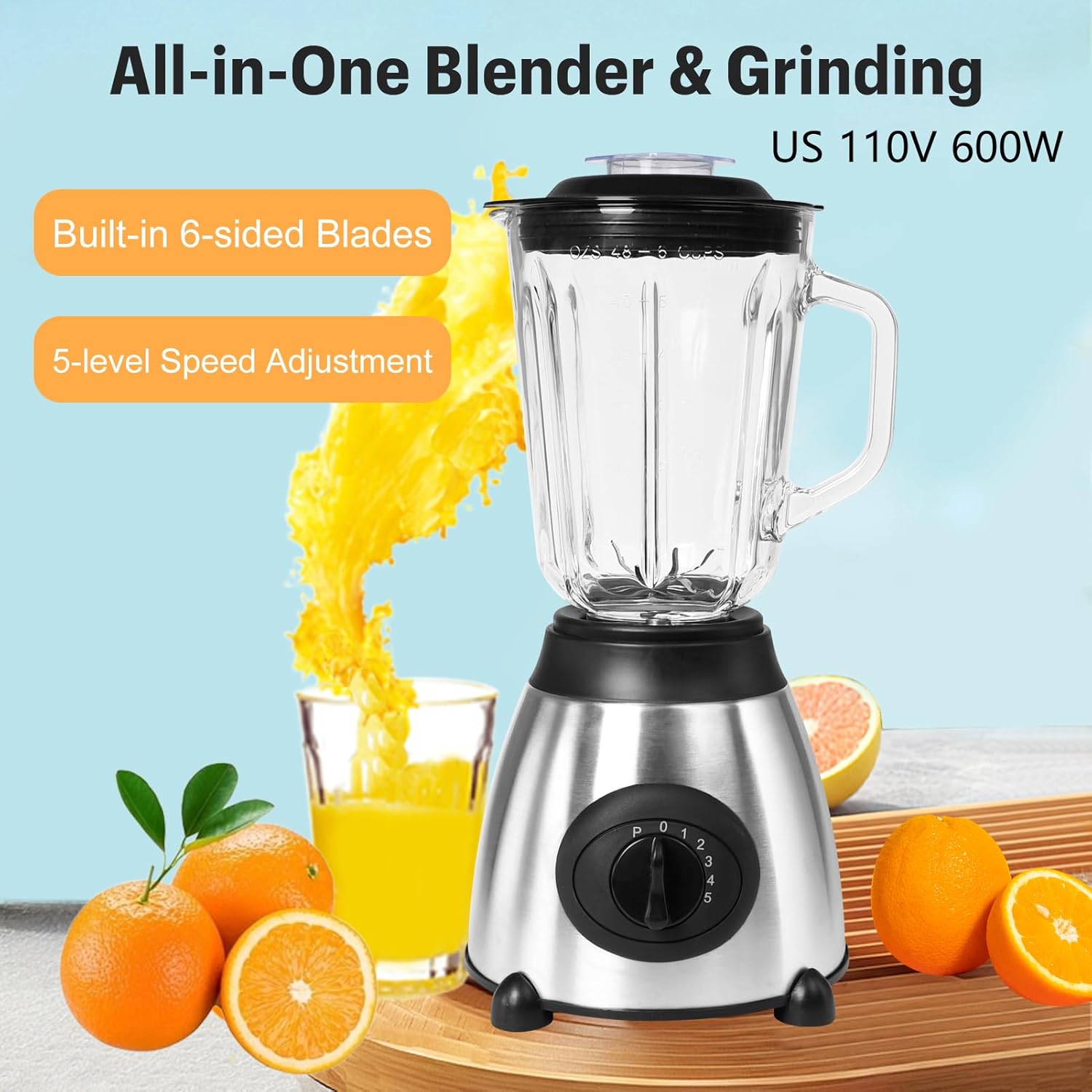 Blender, Fruit Juicer, Blenders, 1.5 Liter Large Glass Cups and 0.8 Liter Glass Cups 5-speed Adjustment Blender for Fruit Drinks, Smoothies, Soybean Milk (110V 600W US Plug)