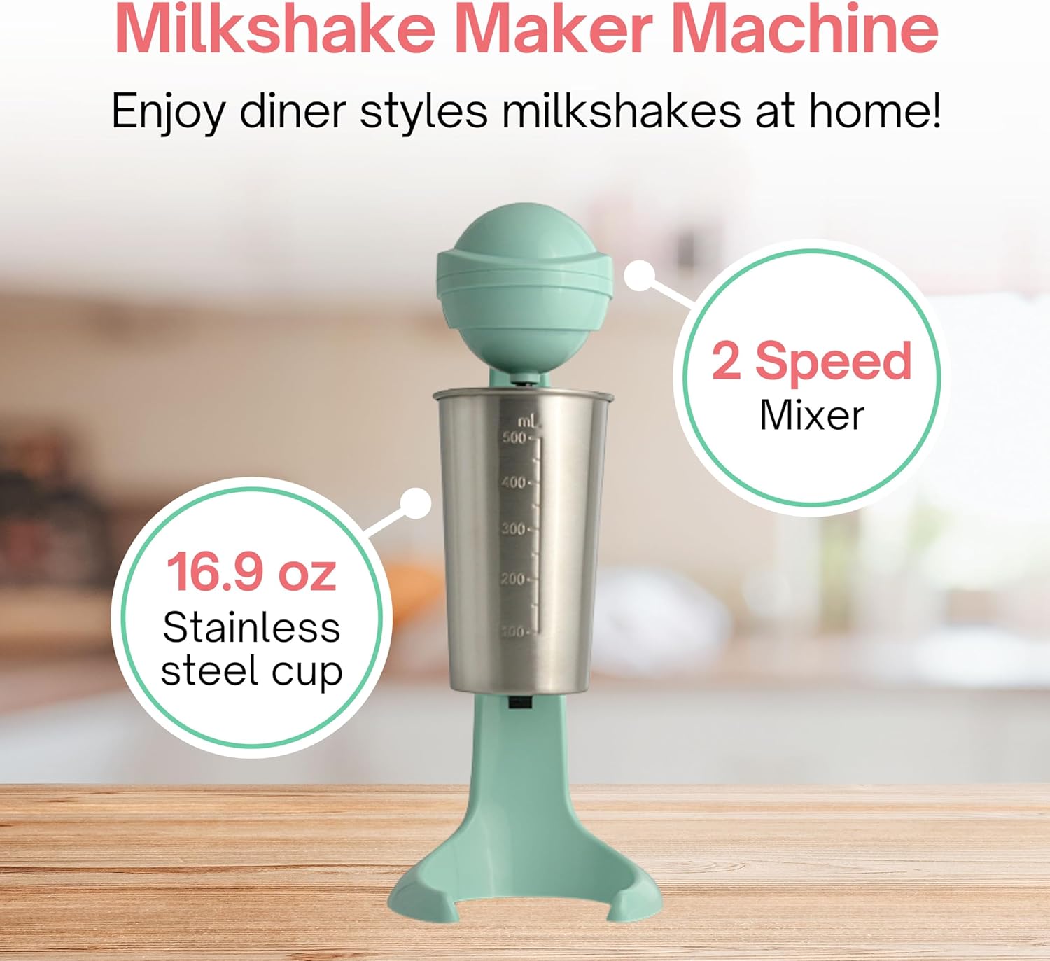 Electric Milkshake Blender & Frother Restaurant Quality Smoothie Maker Easy Clean Drink Blender with 16.9 oz. Stainless Steel Cup