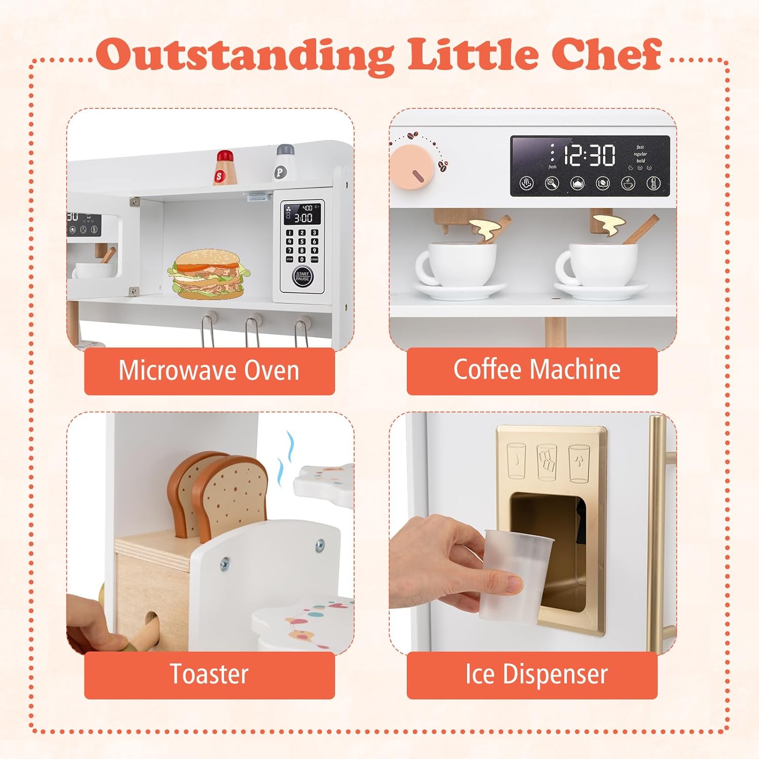 Costzon Kids Kitchen Playset, Toddler Wooden Pretend Playset w/Real Lights & Sounds, Faucet, Microwave Oven, Coffee Machine, Toaster & Ice Dispenser, Little Chef Play Kitchen for Kids Aged 3+ (White)