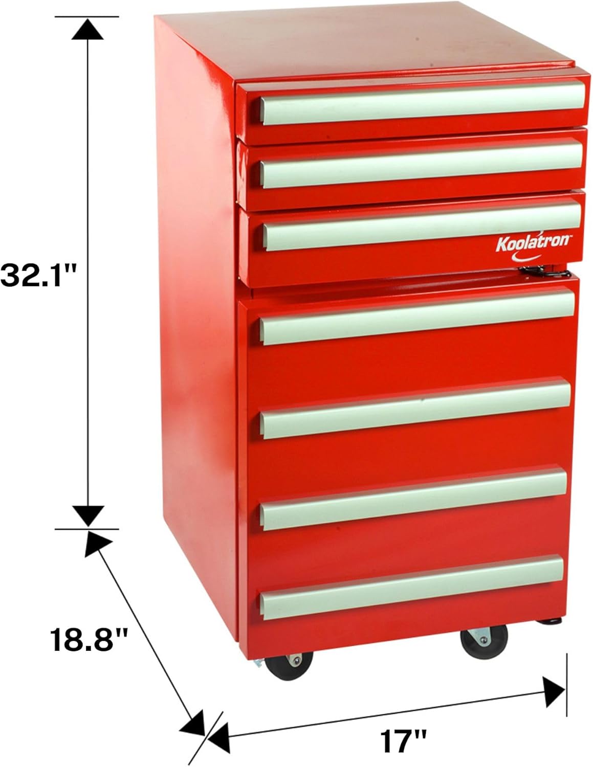 Koolatron Compact Heavy-Duty Rolling Tool Chest with 1.8 Cu Ft Mini Fridge 3 Drawers Adjustable Shelf Swivel Wheels Efficient Compressor Cooling Red Finish Garage Workshop Organizer
