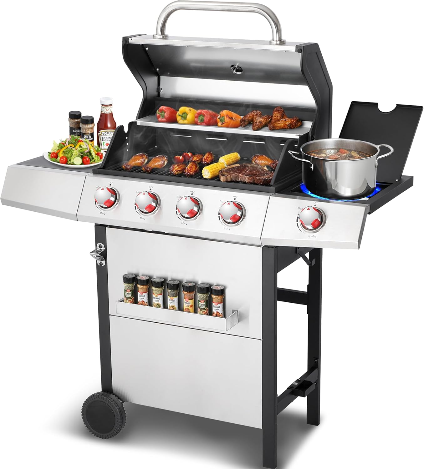 Griddle Grill Combo, Propane Gas and Charcoal Grill Combo, Outdoor BBQ Grills, 4 Burner Propane Stove with Griddle, Cast Iron Grates, Side Burner & Prep Space (4 burner&side burner combo)