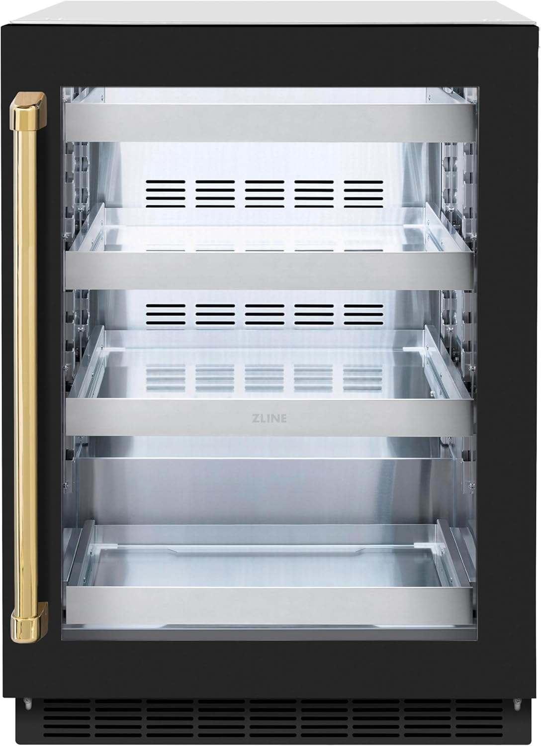 ZLINE Autograph Edition 24 in. Touchstone 151 Can Beverage Fridge With Black Matte Glass Door And Polished Gold Handle (RBSOZ-BLM-24-G)