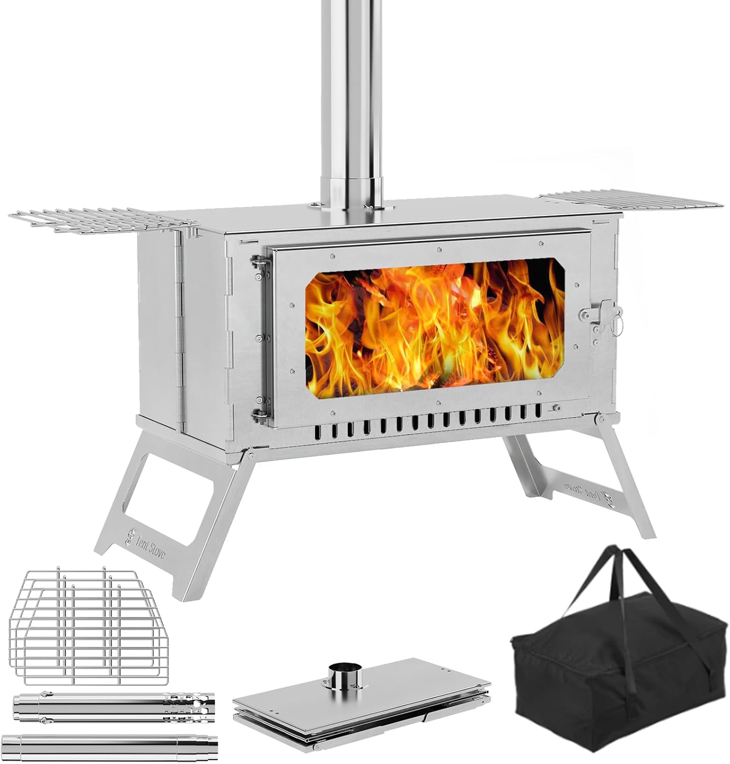 GarveeLife Portable Tent Stove, Hot Tent Stove with View Glass, Wood Burning Stove for Camping, Large Stainless Steel Camping Stove with 5 Chimney Pipes and 3 Shelfs for Outdoor Heating and Cooking