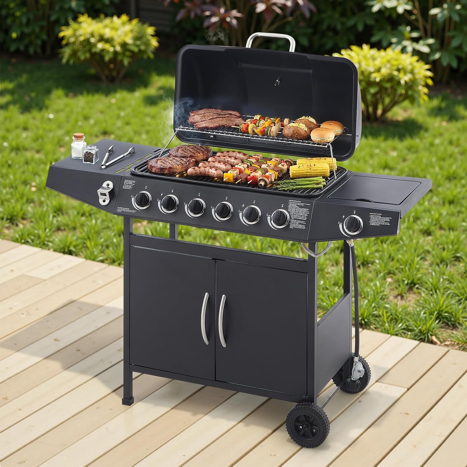 6 Burner Propane Gas Grill, 59000 BTU Portable BBQ w/Lid, Wheels & Side Shelves, Grilling Accessories and Equipment for Camping, Tailgating, Outdoor Barbecue and Cooking (6 Burner)