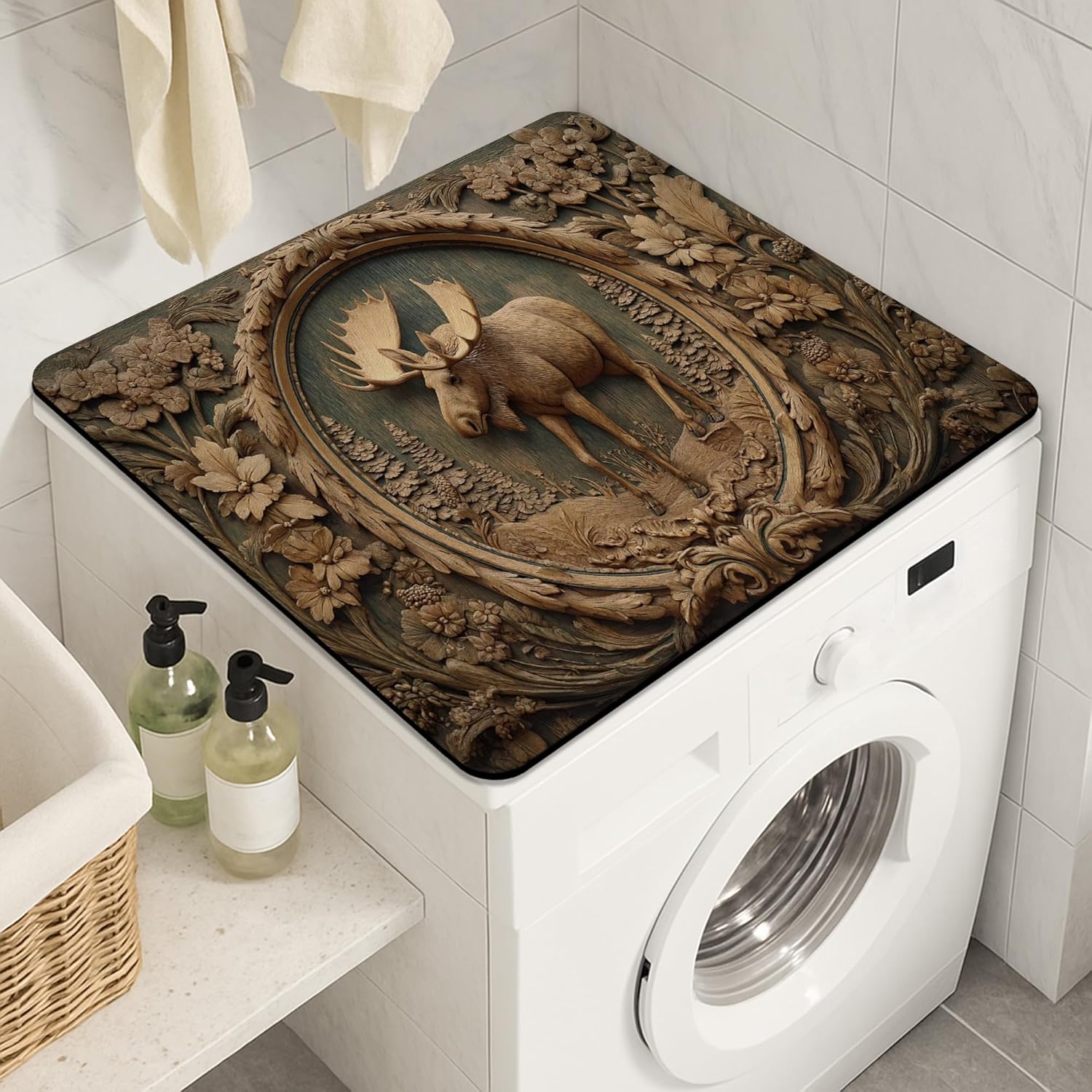 Moose Washer Dryer Top Protector Mat, Rustic Wood Carving Laundry Machine Dust Covers, Nature-Inspired Rubber Anti-slip Waterproof Washer And Dryer Mats for Laundry Room 24x24 Inch