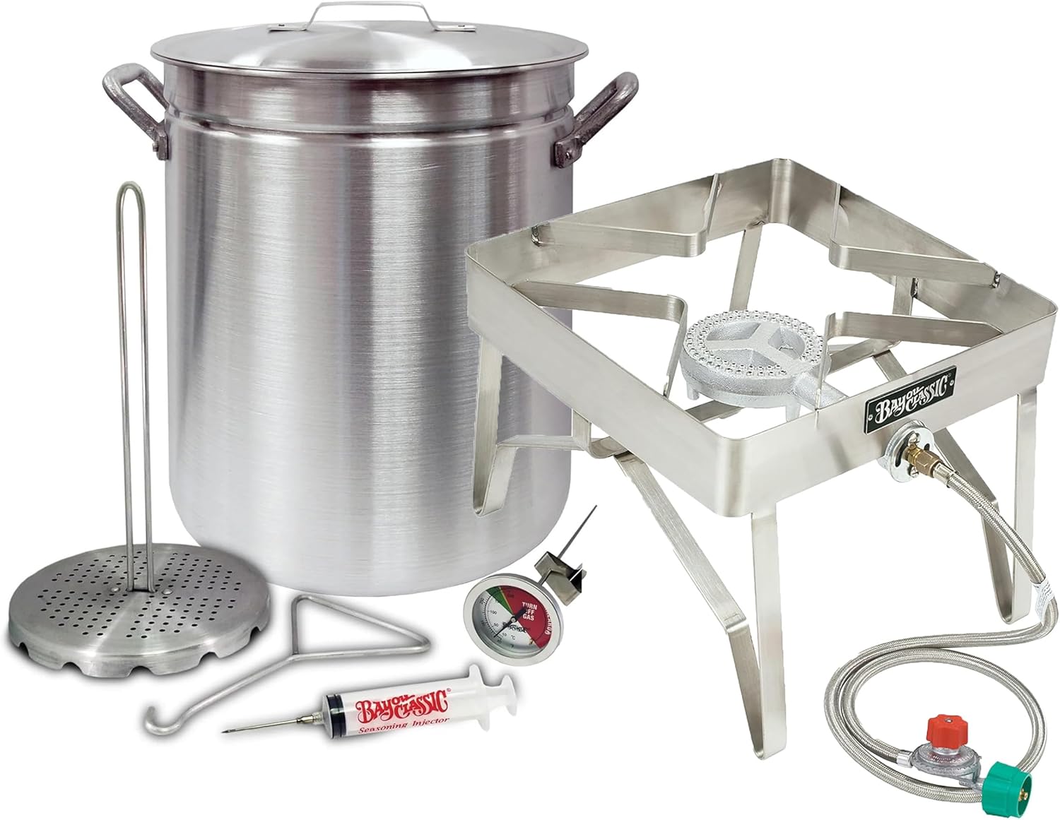 Deep Fryer Grand Gobbler Turkey Kit for Oversized Birds (25+ LBS Turkeys) by Bayou Classic 42 Quart Aluminum Stockpot and Stainless Steel Burner