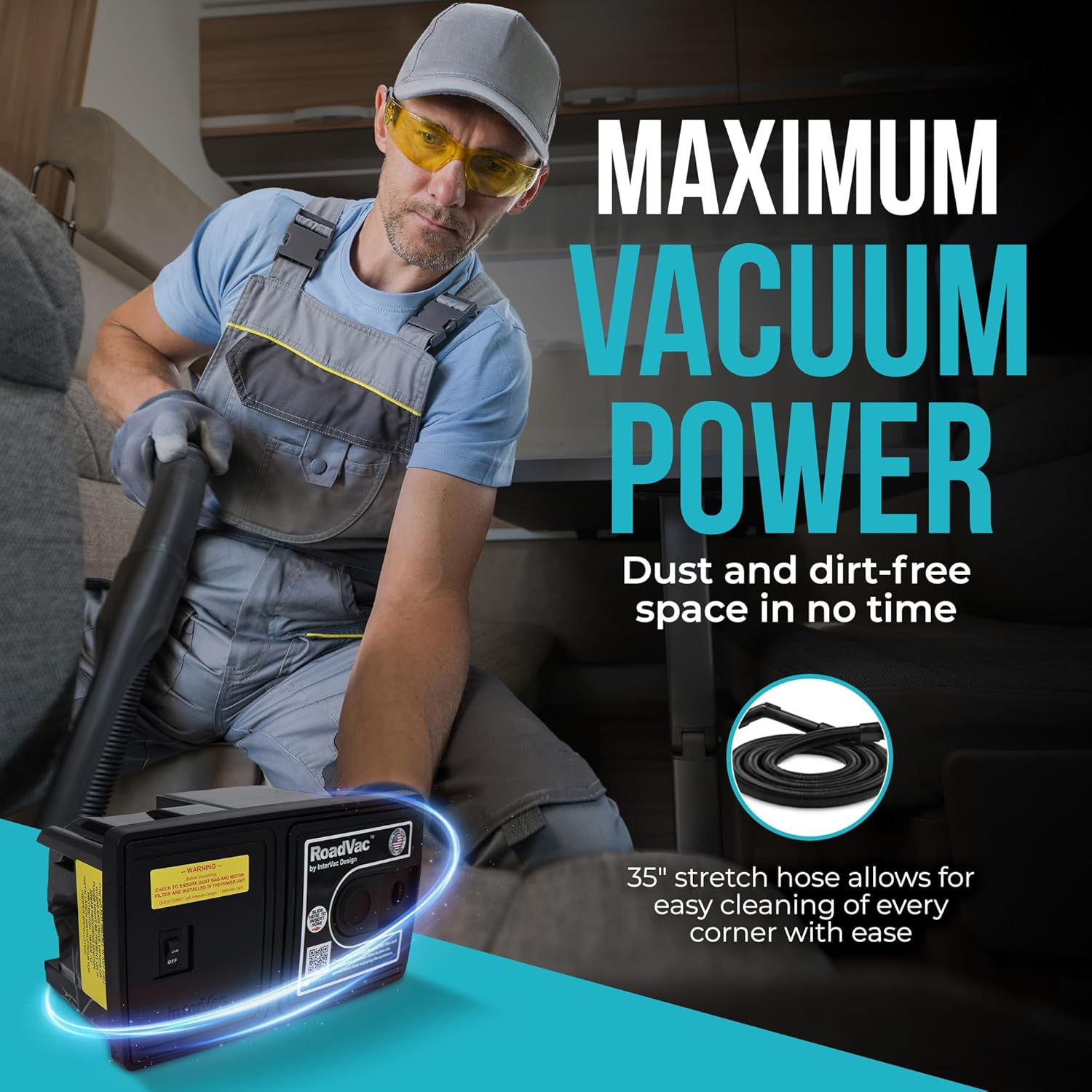 RV Central Vacuum System – Compact Wall-Mount Unit w/ 35' Stretch Hose & Tools – HEPA-Type Filtration for RVs, Boats, Tiny Homes