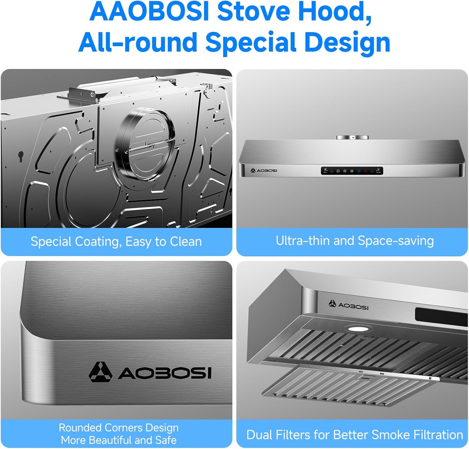 AAOBOSI Range Hood 36 inch Under Cabinet, 800-CFM Gesture Sensing/Touch Control,3 Speed Range Hood with LED Lights Exhaust Fan, Stainless Steel Kitchen Vent Hood