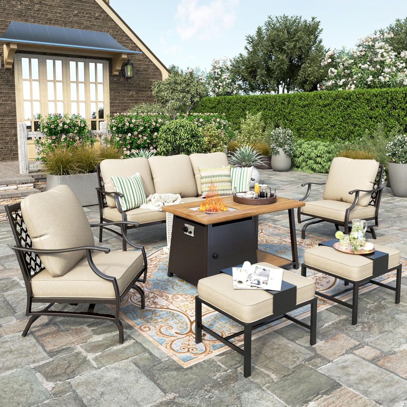 HERA'S HOUSE 6 Pieces Patio Furniture Set with Fire Pit Table, 2 x Rocking Chair, 2 x Ottoman, 3-Seat Sofa with 46