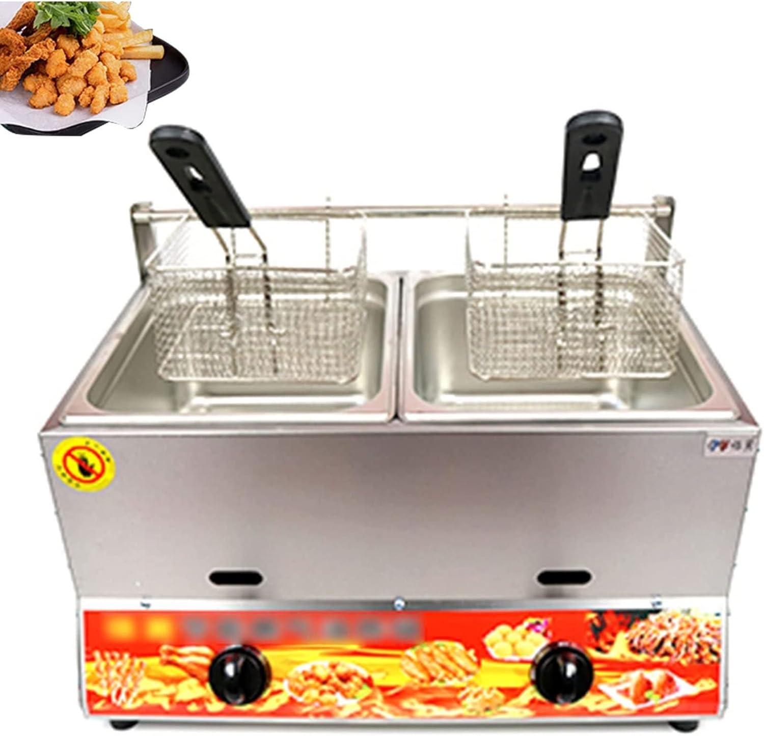 10L * 2 Commercial Gas Fryer with Baskets and Lids Stainless Steel Double Tank Countertop Fryers, Large Capacity Gas Fryer for Outdoor Chicken and Fries