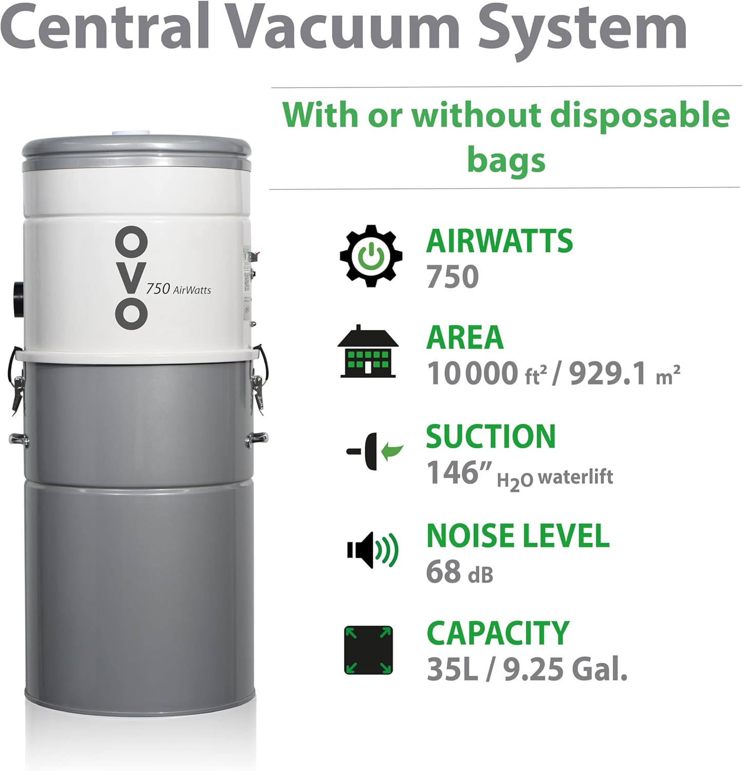 OVO Heavy Duty Powerful Central Vacuum System, Hybrid Filtration (with or Without Disposable Bags) 35L or 9.25Gal, 750 Airwatts with 40ft Carpet Deluxe Accessory kit Included