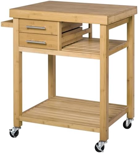 HOMCOM Bamboo Kitchen Island on Wheels, Utility Trolley Cart with 2 Storage Drawers, Butcher Block Cart with Open Shelves, Bamboo Tone