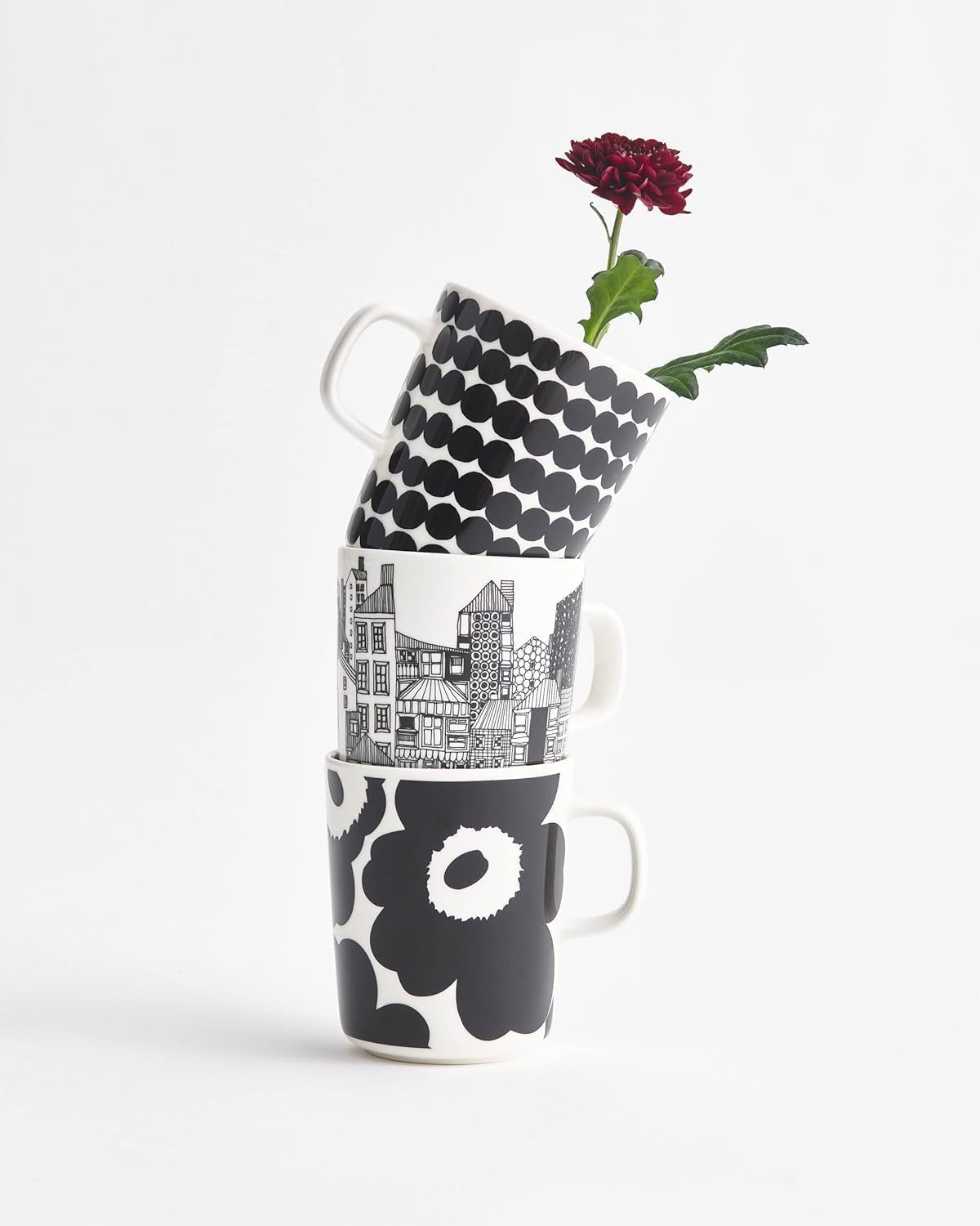 MARIMEKKO Oiva/Unikko Set of 2 White/Black Stoneware Mugs | Oiva/Piirto Unikko Coffee, Tea, Consommé 2-Cups (8.8oz each) Oven Microwave Dishwasher