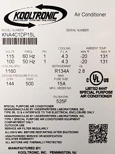 KNA4C1DP15L Enclosure Air Conditioner, 120V, 60Hz, 1160 BTU, NEMA 12, 3R & 4